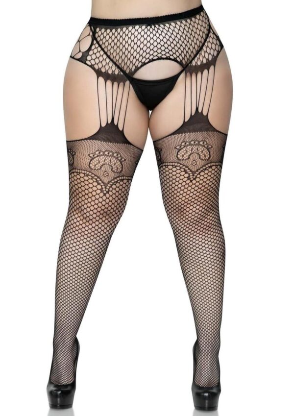 Leg Avenue Industrual Net Stocking with Dutchess Lace Top and Attached Multi-Strand Garter Belt - 1X/2X - Black