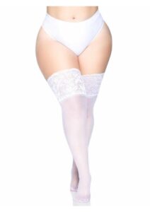 Leg Avenue Lycra Sheer Stay Up Thigh High with 5in Silicone Lace Top - Plus Size - White