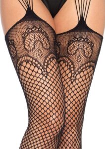 Leg Avenue Industrual Net Stocking with Dutchess Lace Top and Attached Multi-Strand Garter Belt - O/S - Black
