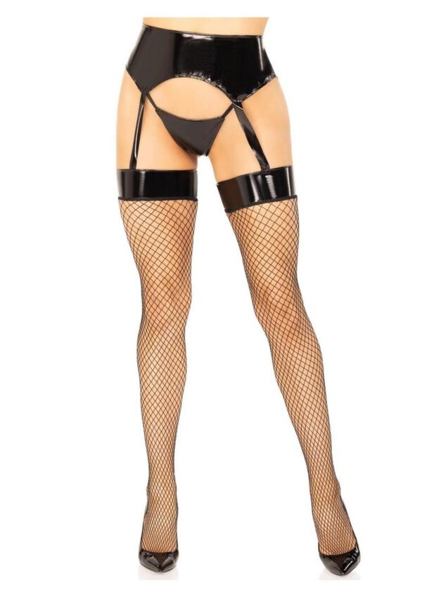 Leg Avenue Vinyl Garter Belt with Attached Fishnet Stockings and Matching G-String Panties (2 Piece) - Small/Medium - Black