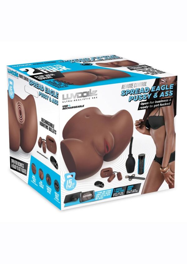 LuvDollz Remote Control Spread Eagle Vibrating Rechargeable Masturbator - Pussy and Ass - Chocolate