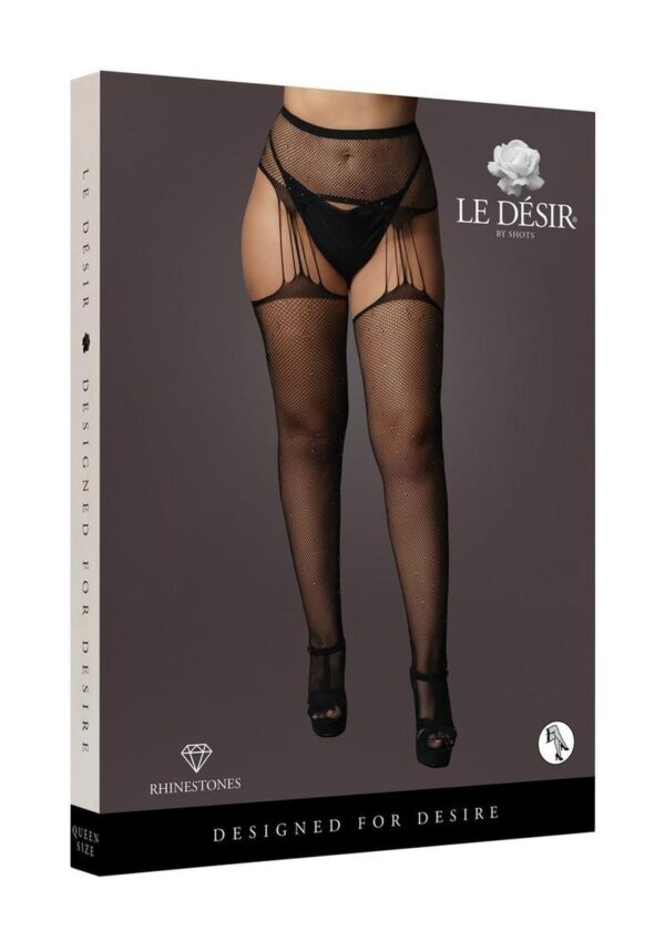 Le Desir Suspender Rhinestone Pantyhose - Queen - Black