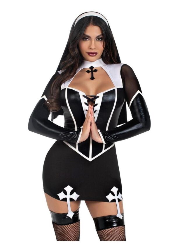 Leg Avenue Holy Hottie Set Boned Garter Dress with Cross Accents and Nun Habit (2 Piece) - Large - Black/White