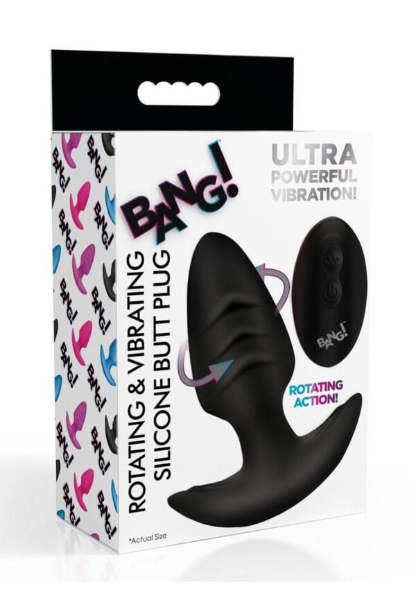 Bang! Rotating Vibrating Rechargeable Silicone Butt Plug with Remote - Black