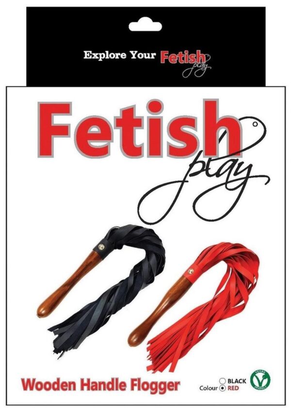 Fetish Play Wooden Handle Flogger Vegan Leather - Red