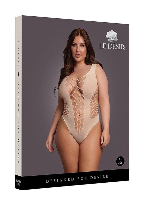 Le Desir V-Neck Teddy with Opaque Panels - Queen - Beige