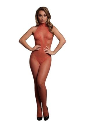 Le Desir Fishnet and Lace Bodystocking - O/S - Sunset Glow Orange