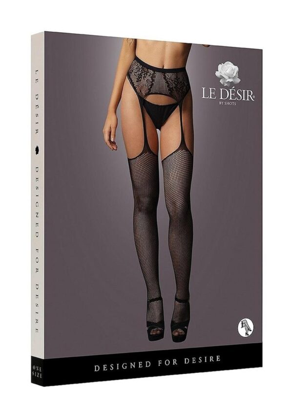 Le Desir Fishnet and Lace Garterbelt Stocking - O/S - Black