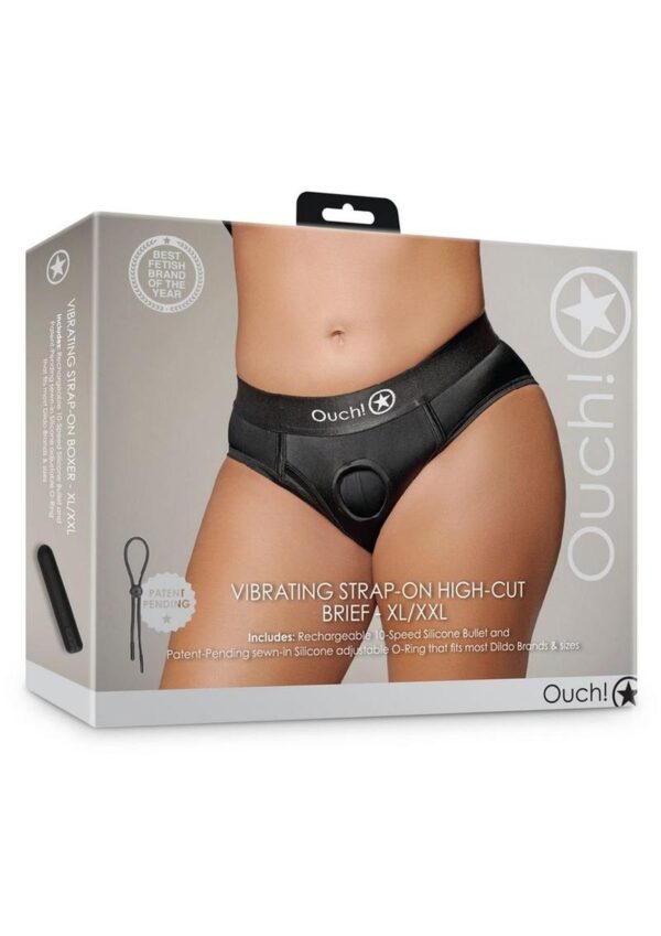 Ouch! Vibrating Strap-On High-Cut Brief Rechargeable - XL/2XL - Black