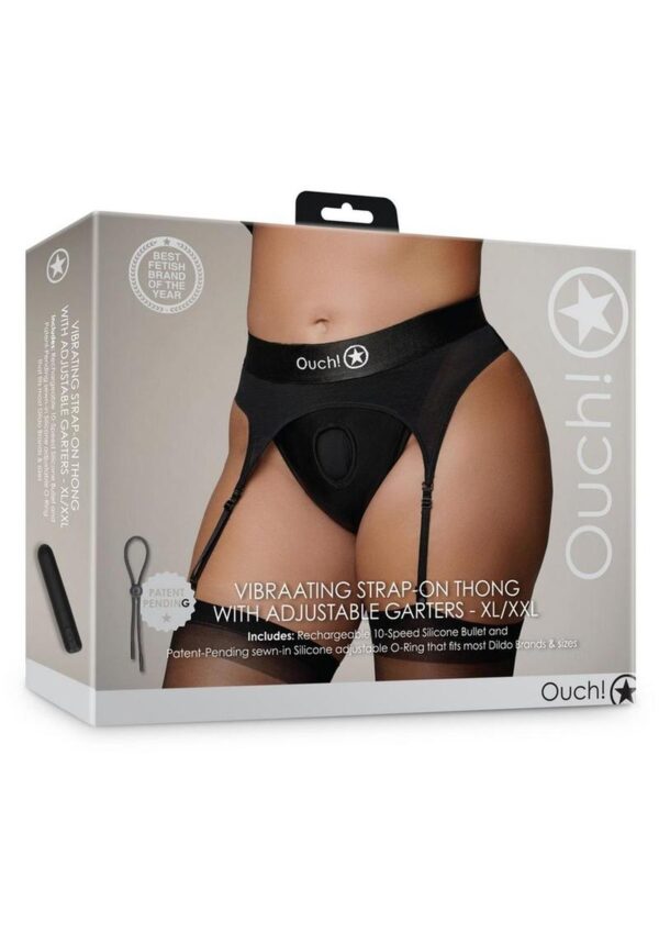 Ouch! Vibrating Strap-On Thong with Adjustable Garters Rechargeable - XL/2XL - Black