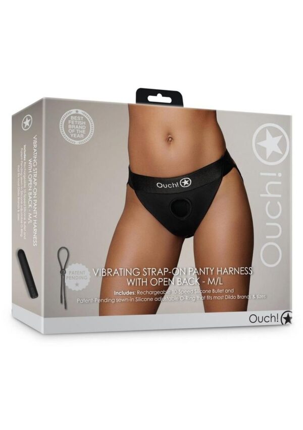 Ouch! Vibrating Strap-On Panty Harness with Open Back Rechargeable - M/L - Black