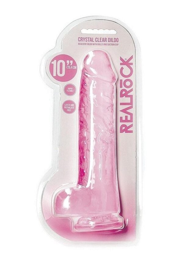 RealRock Crystal Clear Realistic Dildo with Balls 10in - Pink