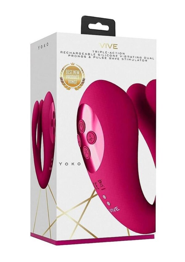 Vive YOKO Rechargeable Silicone Tripe Motor Dual Prongs with Clitoral Pulse Wave Vibrator - Pink