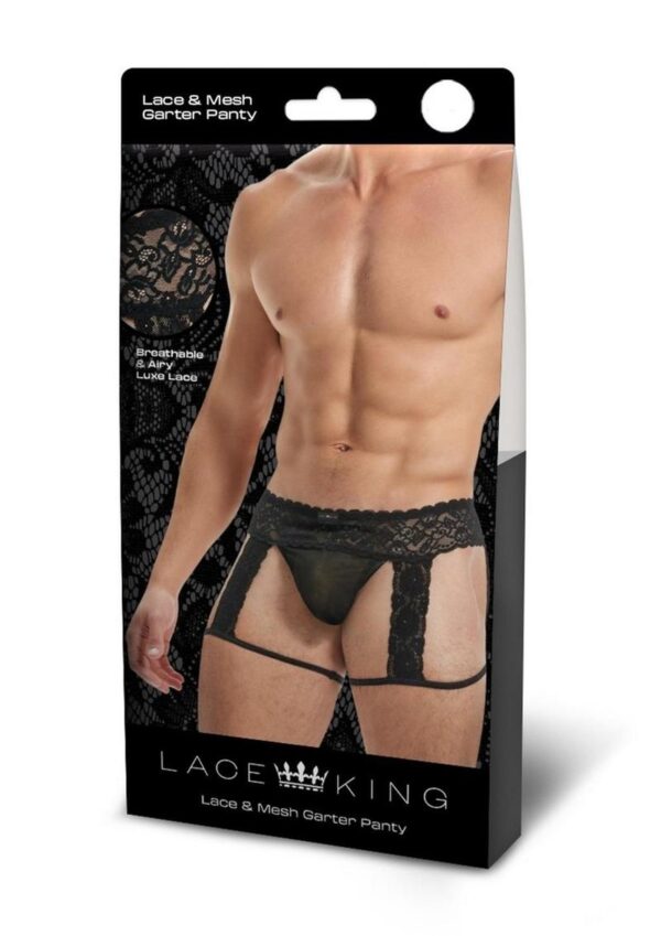 Lace King Men`s Lace and Mesh Garter Panty - Small/Medium - Black