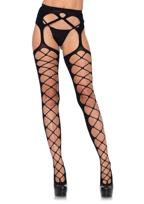 Leg Avenue Diamond Net Opaque Stockings with Attached Garterbelt - O/S - Black