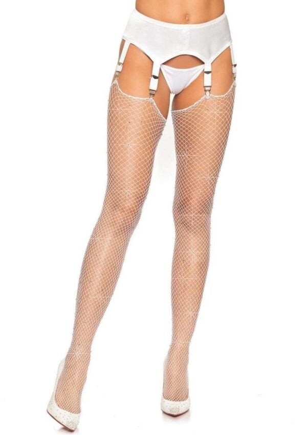 Leg Avenue Rhinestone Fishnet Stockings - O/S - White