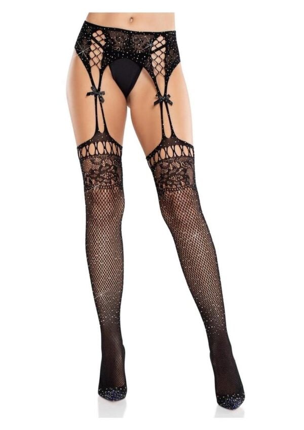 Leg Avenue Rhinestone Lace Top Fishnet Stockings with Attached Garter Belt - OS - Black