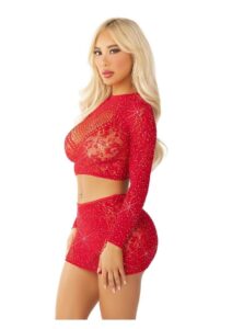 Leg Avenue Rhinestone Lace and Net Crop Top with Heart Keyhole Detail and Mini Skirt (2 Piece) - OS - Red