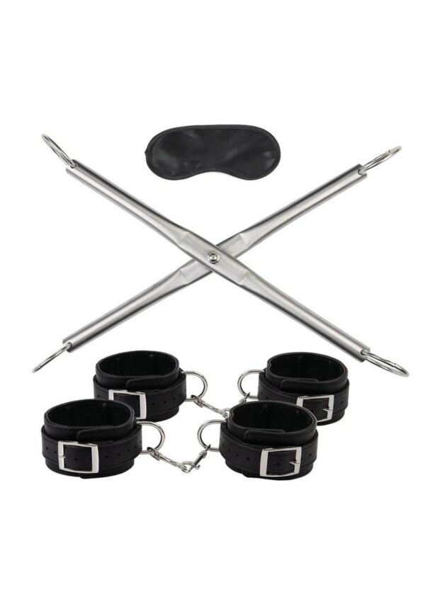 Lux Fetish Hog-Tie Spreader Bar with Detachable Wrist and Ankle Cuffs - Silver/Black