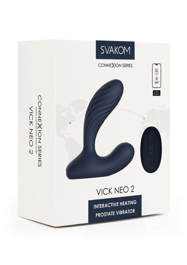 Svakom Vick Neo 2 App Compatible Rechargeable Silicone Warming Dual Stimulating Prostate Vibrator with Remote Control - Navy Blue/Gold