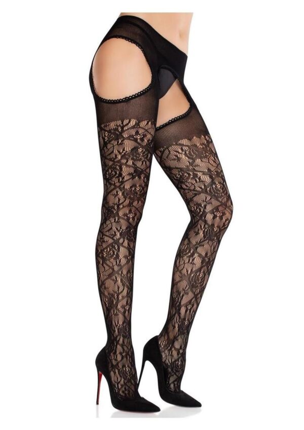 Leg Avenue Scalloped Trimmed Cross Hatch Floral Lace Suspender Hose - Black - O/S