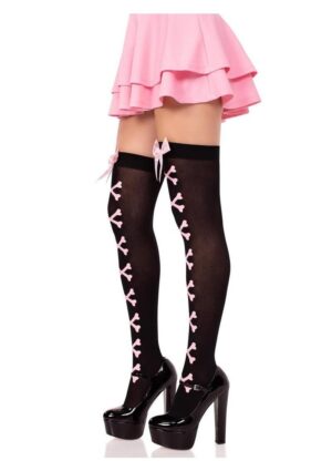 Leg Avenue Opaque Cross Bone Thigh Highs with Satin Bow Accent - Black/Light Pink - O/S