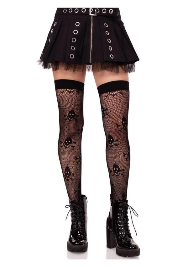 Leg Avenue Dotted Net Skull Thigh Highs - Black - O/S