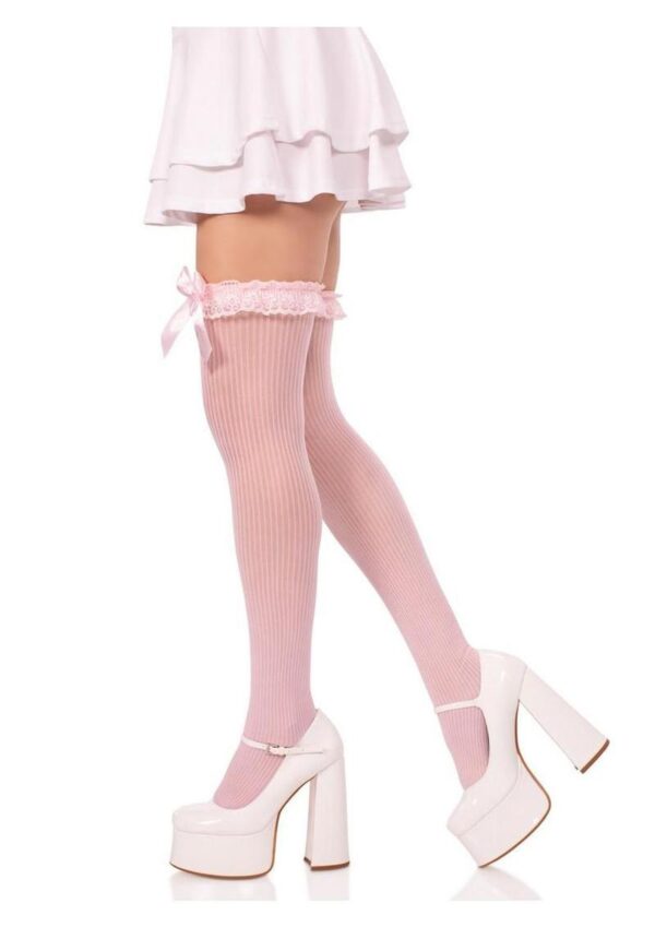 Leg Avenue Lace Garter Sheer Striped Thigh Highs with Satin Bow Accent - Light Pink - O/S