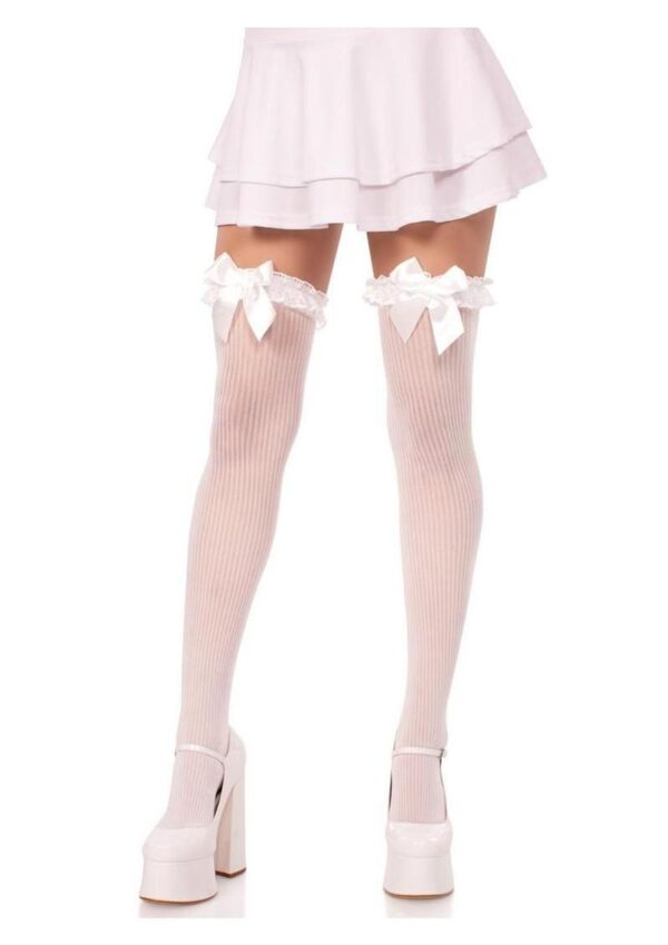Leg Avenue Lace Garter Sheer Striped Thigh Highs with Satin Bow Accent - White - O/S