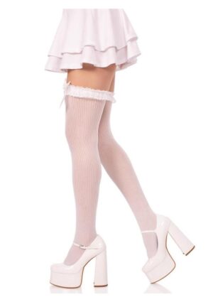 Leg Avenue Lace Garter Sheer Striped Thigh Highs with Satin Bow Accent - White - O/S