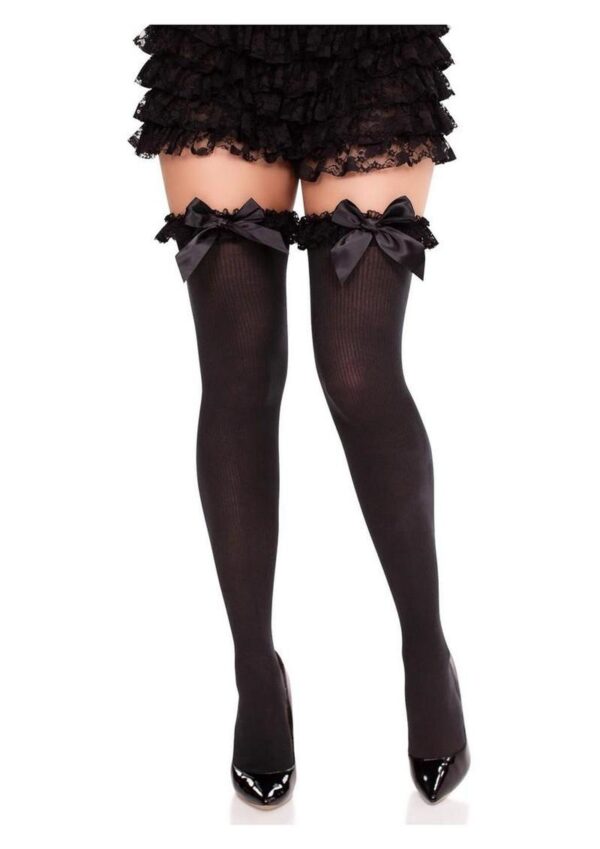 Leg Avenue Lace Garter Sheer Striped Thigh Highs with Satin Bow Accent - Black - O/S