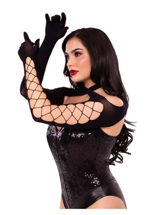 Leg Avenue Net and Opaque Cross-Over Halter Gloved Shrug - Black - O/S